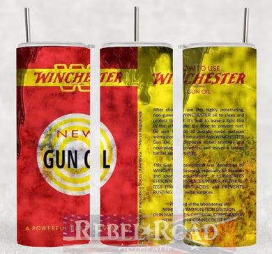 Winchester Gun Oil 20oz sublimination skinny tumbler Customizable Options Available.