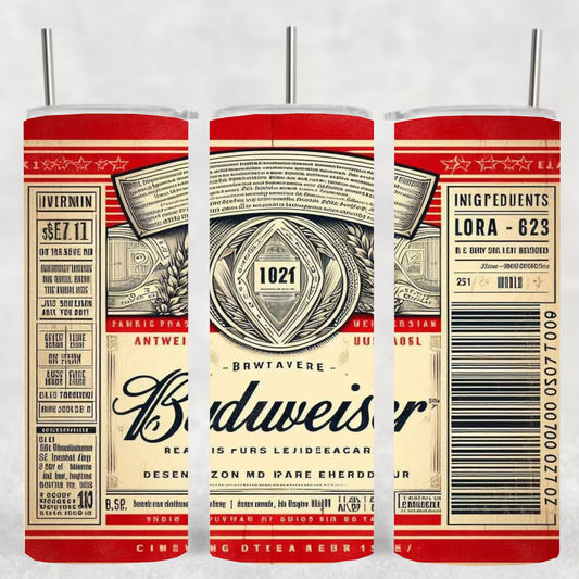 Budweiser-Inspired 20 oz Skinny Tumbler – Insulated Stainless Steel Beer Label Design