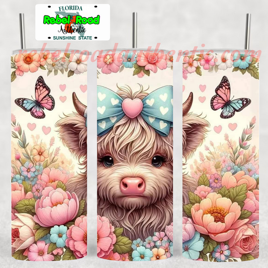 Highland Cow Flower patch 20oz sublimination skinny tumbler Customizable Options Available.