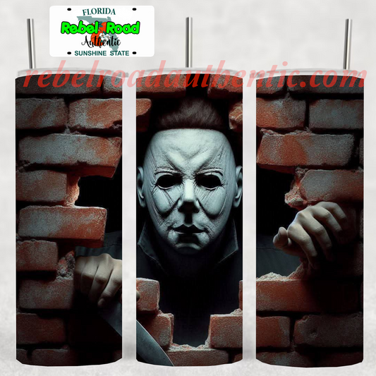 Michael Myers Brick Wall 20oz sublimination skinny tumbler Customizable Options Available.