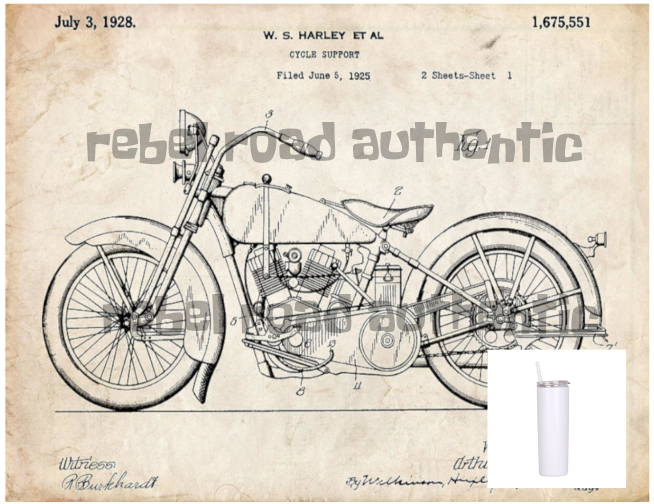 1928 Harley Davidson Blueprint 20oz sublimination skinny tumbler.